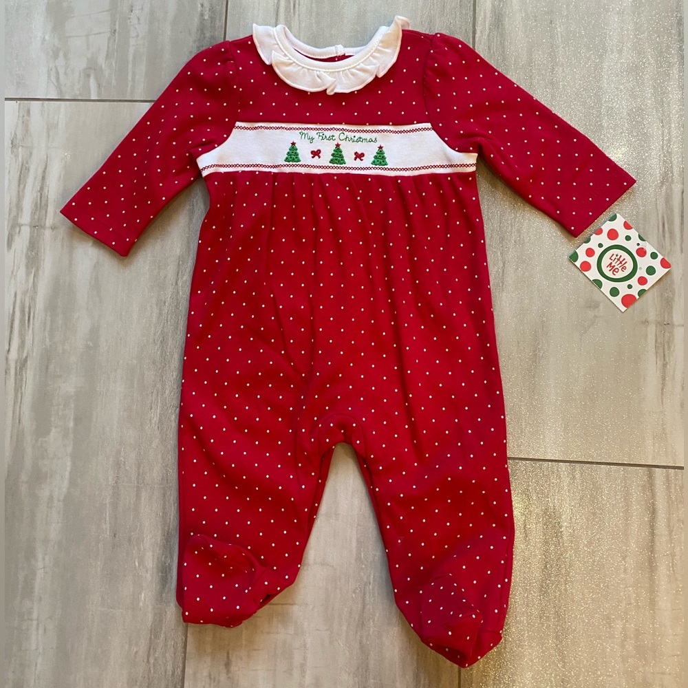 NWT Little Me Festive Red Polka Dot My First Christmas Footed Romper Jumpsuit 3M